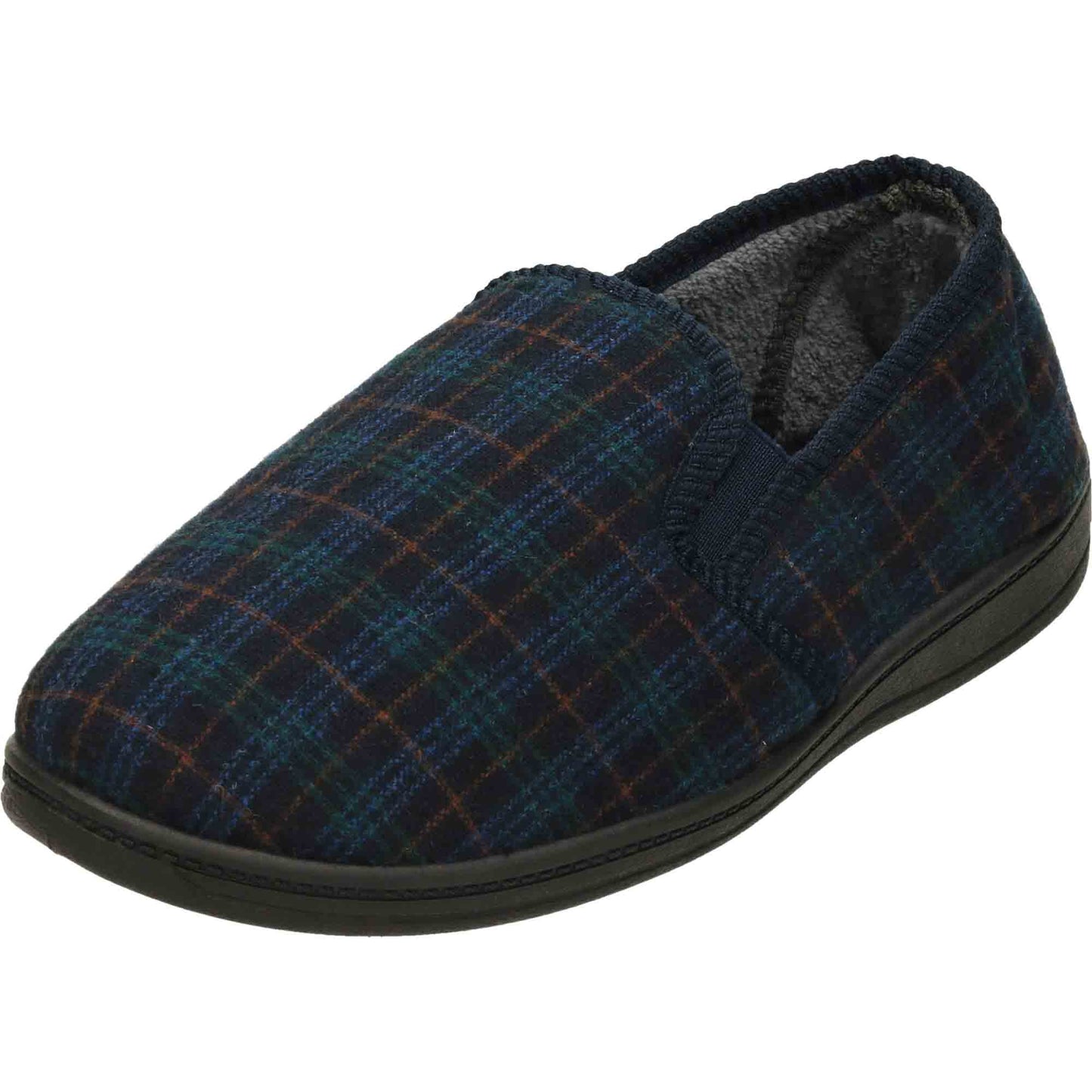 Navy Check Mens Slippers Wide Fit