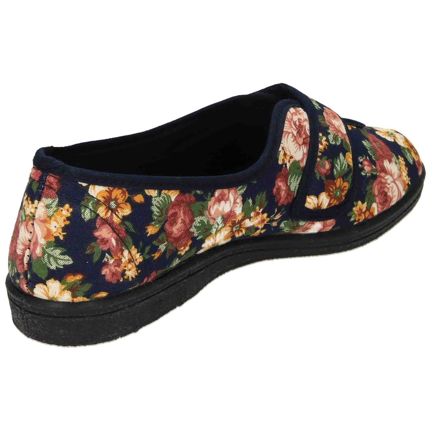 Wide Fit Washable Slippers V Opening Floral Touch Fasten Navy