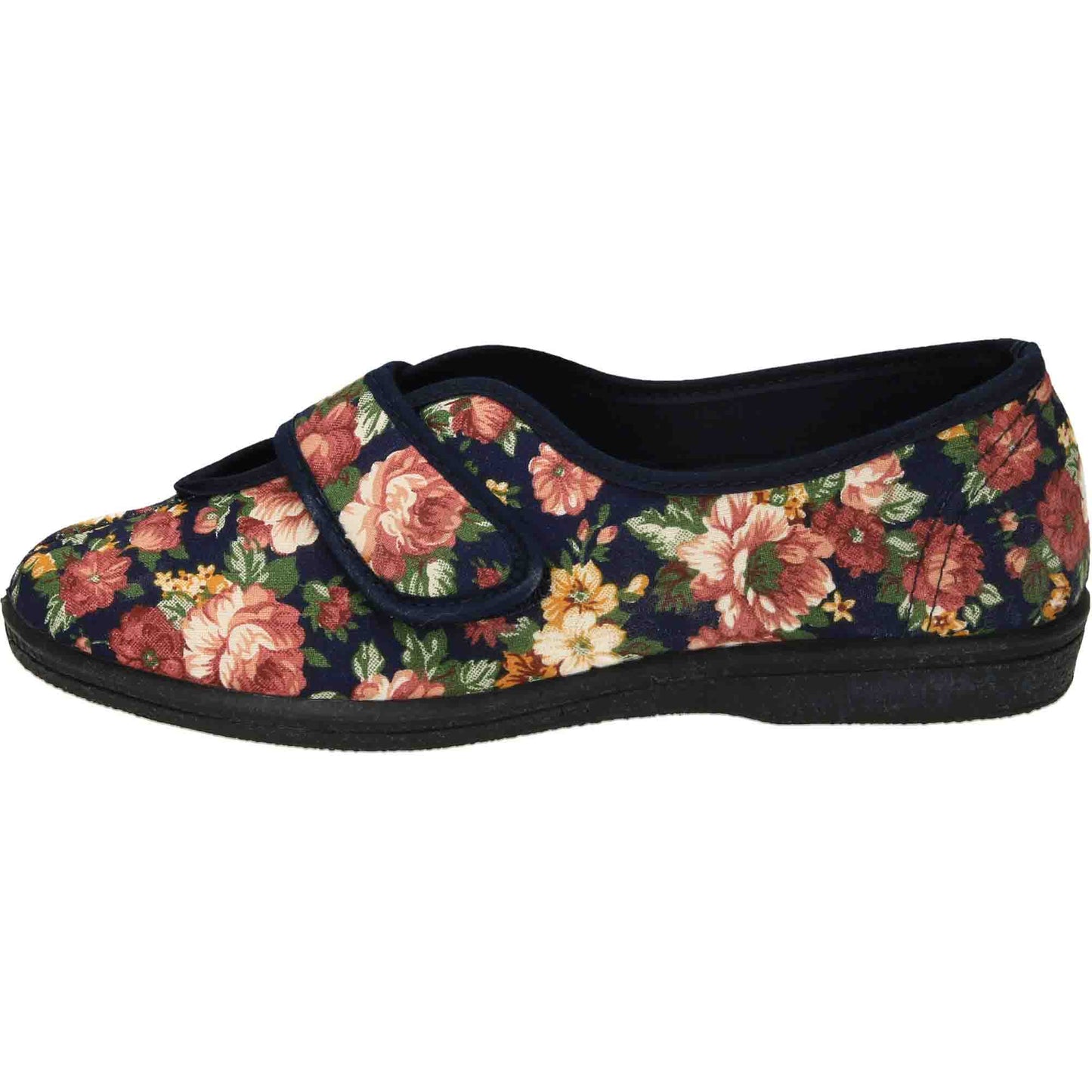 Wide Fit Washable Slippers V Opening Floral Touch Fasten Navy