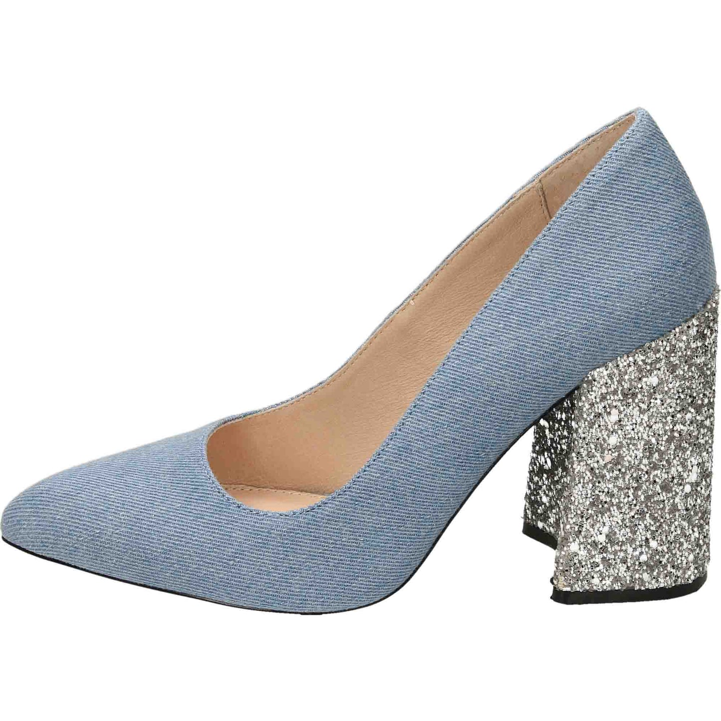 Ladies Blue Court Shoes High Heel Silver Glitter