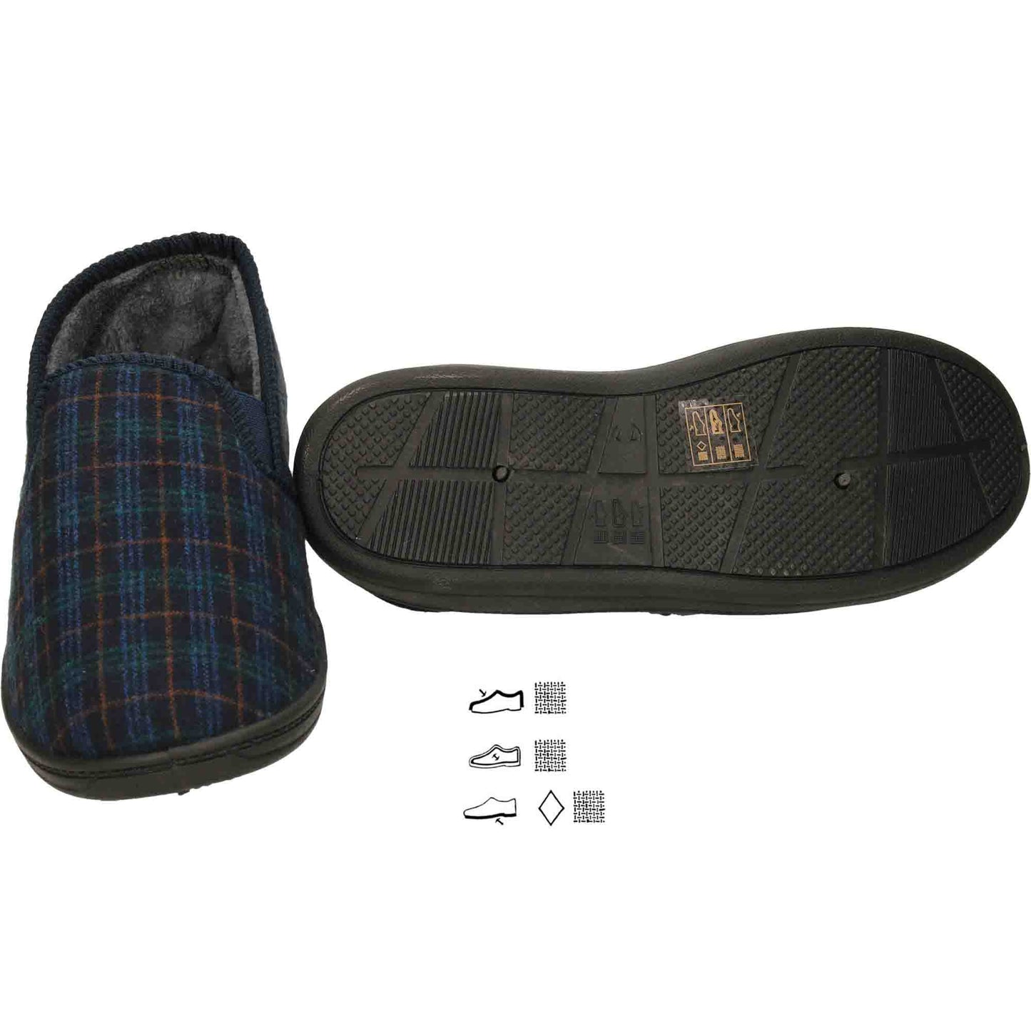 Navy Check Mens Slippers Wide Fit