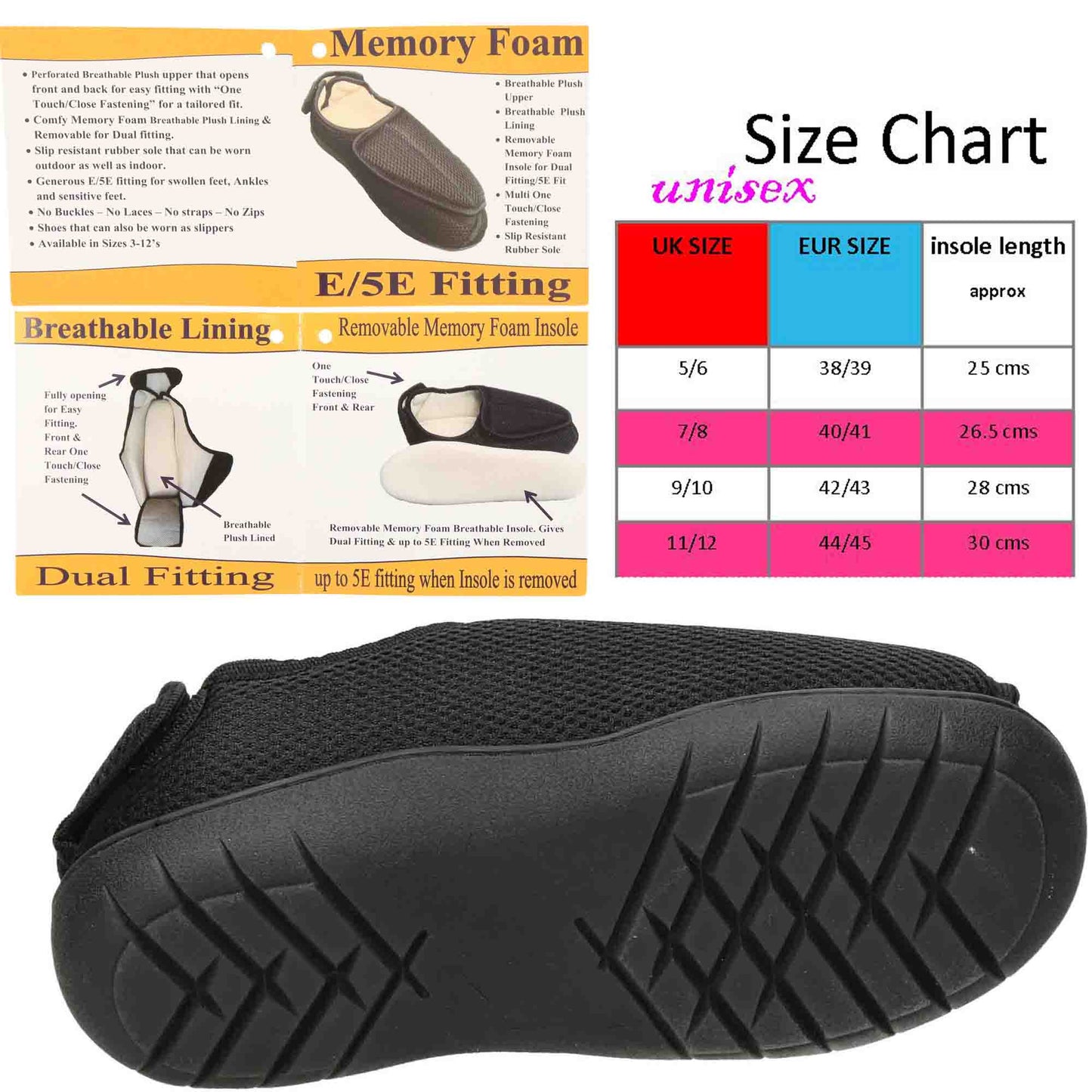 Unisex Extra Wide Fit Closed Toe Slippers Shoe Breathable E/5E Mens Ladies