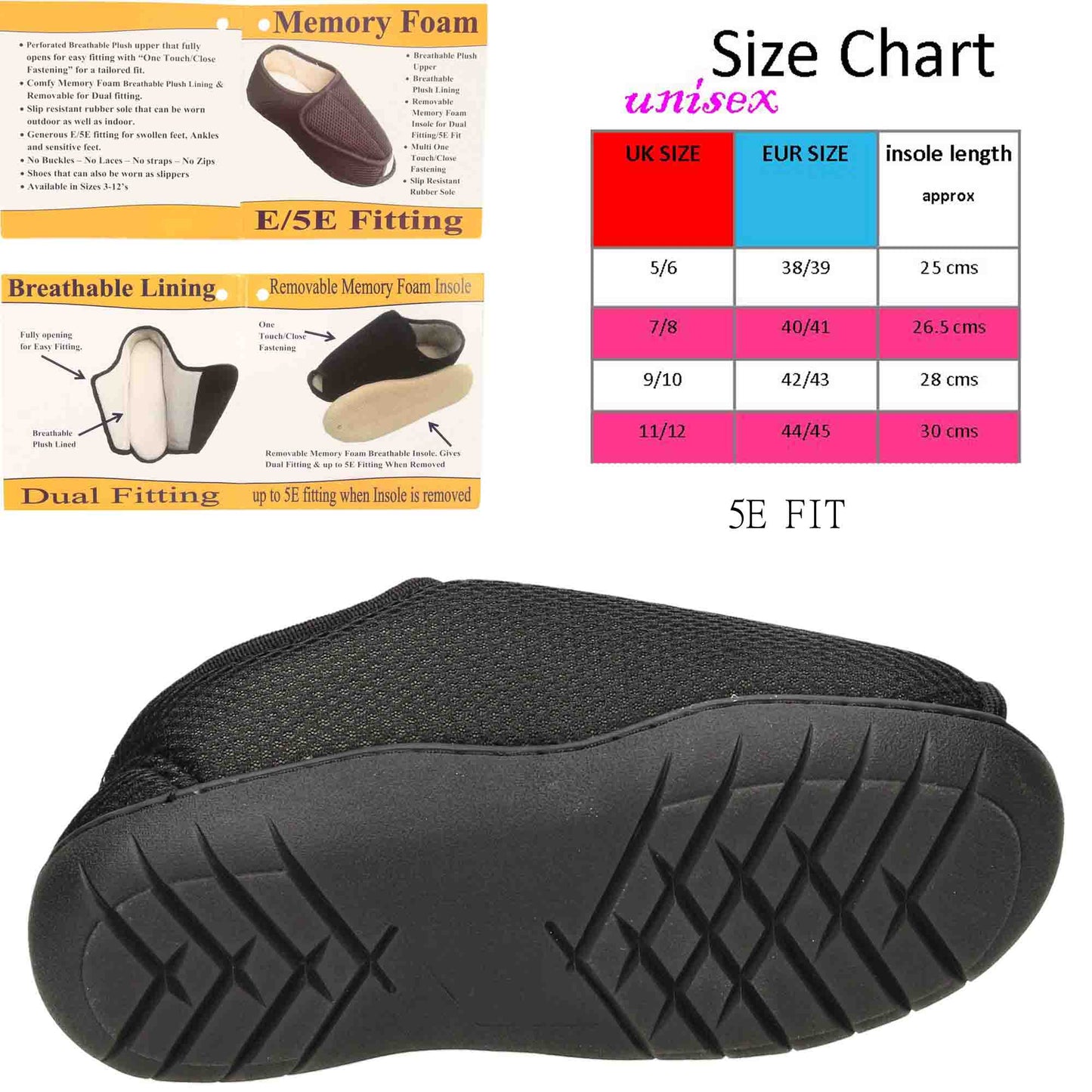 Unisex Extra Wide Fit Open Toe Slippers Shoe Breathable E/5E Mens Ladies Boot