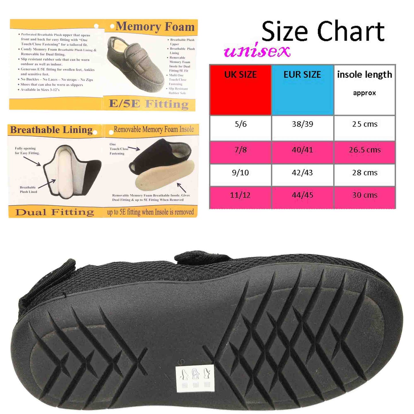Unisex Extra Wide Fit Closed Toe Slippers Shoe Boot Breathable E/5E Mens Ladies