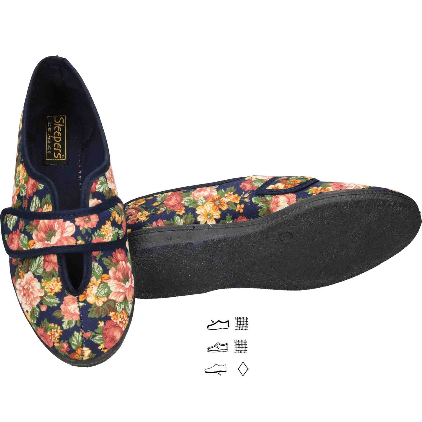 Wide Fit Washable Slippers V Opening Floral Touch Fasten Navy