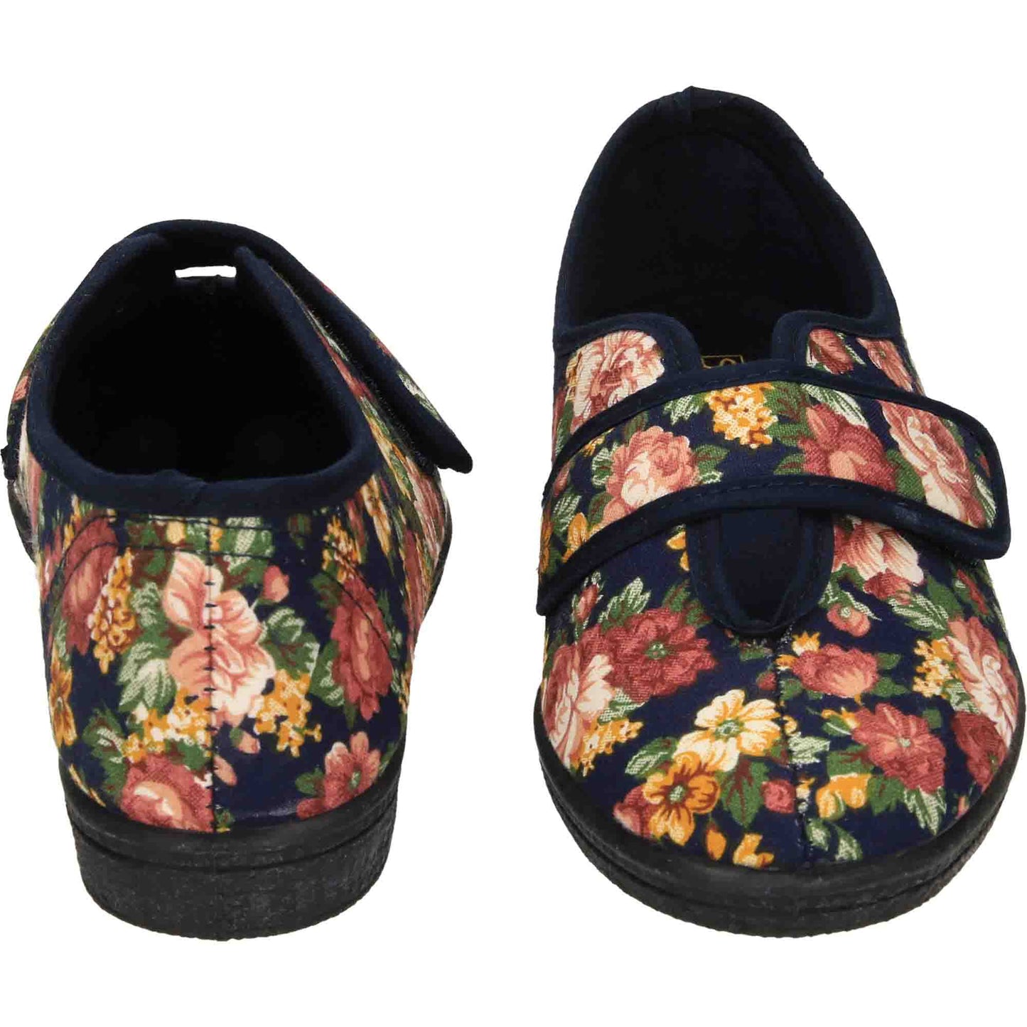 Wide Fit Washable Slippers V Opening Floral Touch Fasten Navy