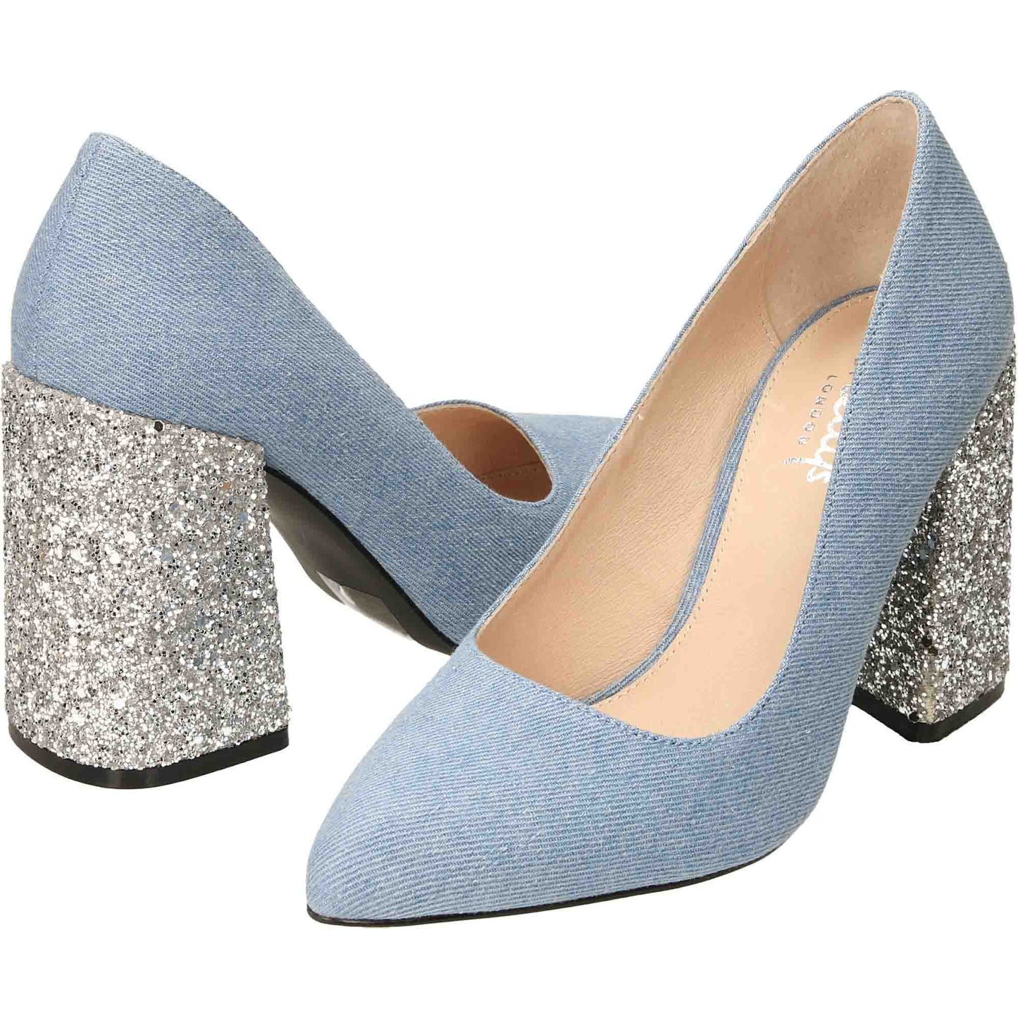 Ladies Blue Court Shoes High Heel Silver Glitter