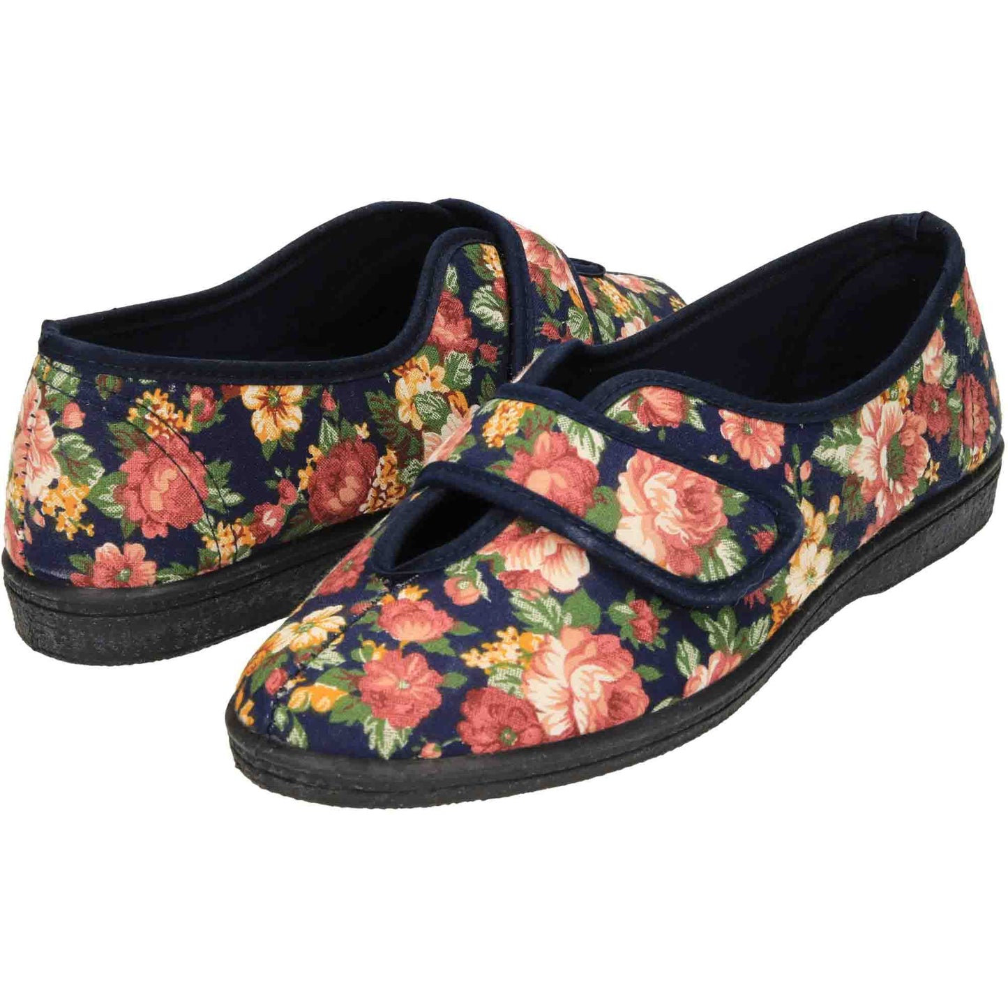 Wide Fit Washable Slippers V Opening Floral Touch Fasten Navy