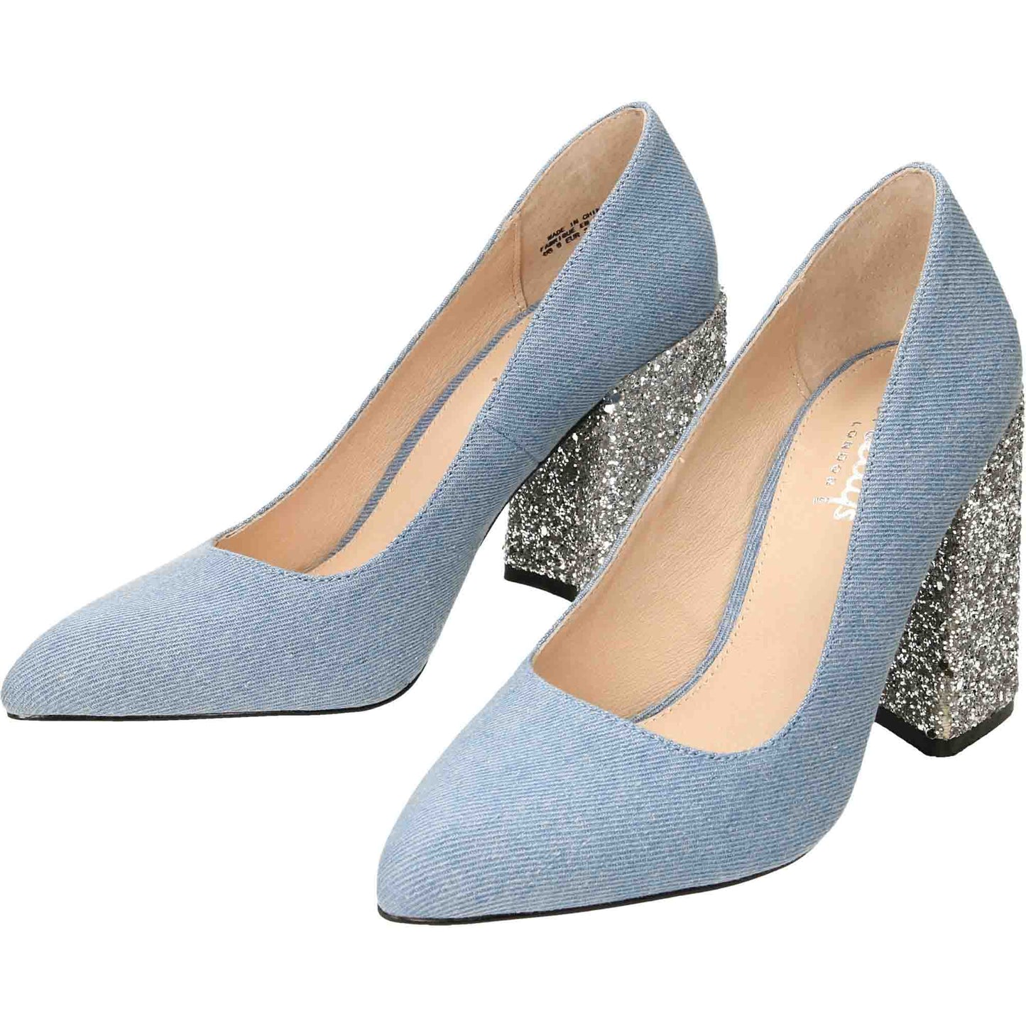 Ladies Blue Court Shoes High Heel Silver Glitter