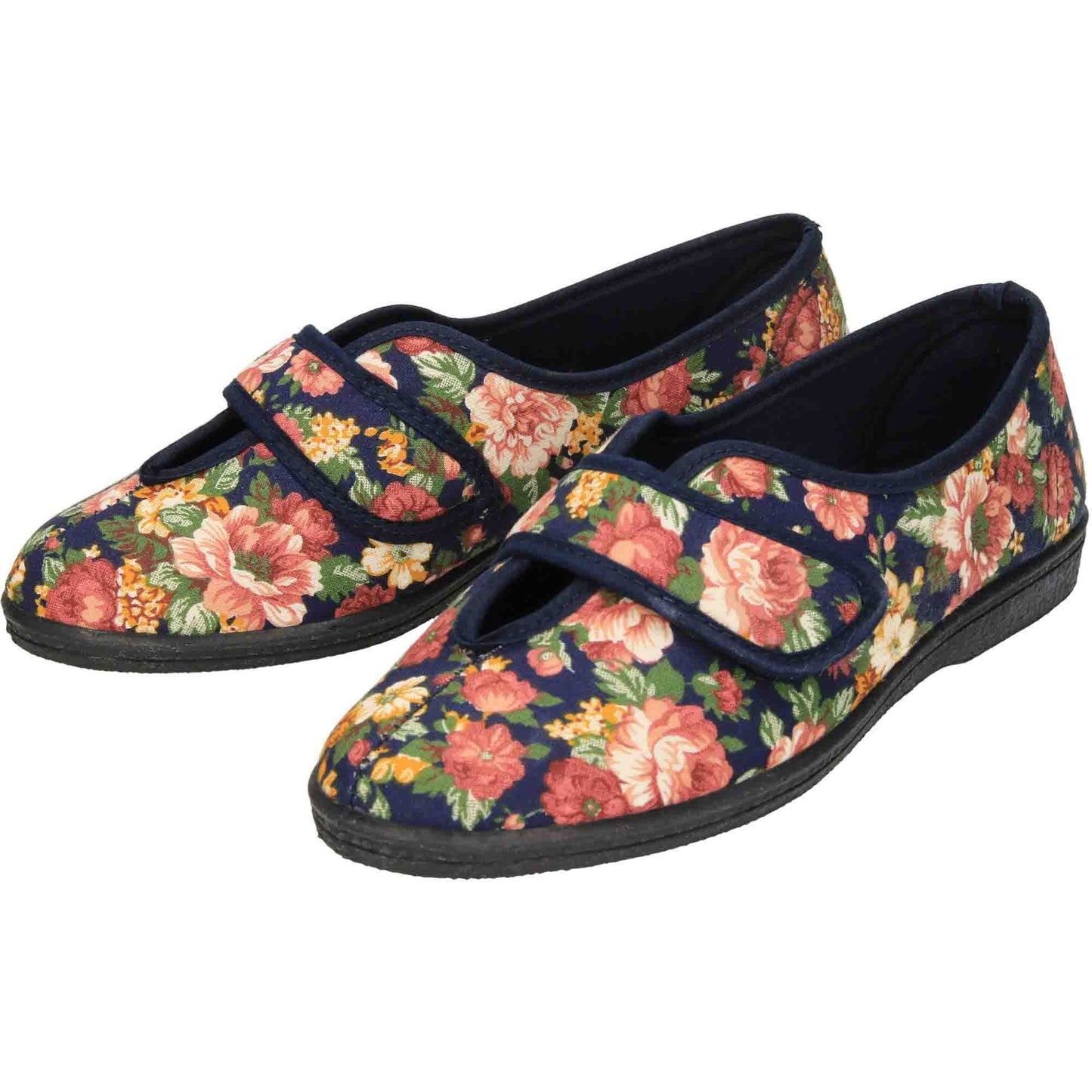 Wide Fit Washable Slippers V Opening Floral Touch Fasten Navy