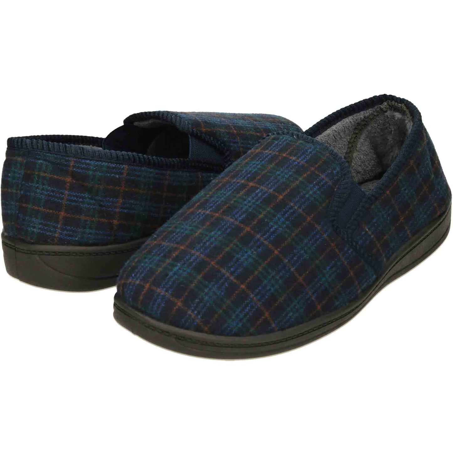 Navy Check Mens Slippers Wide Fit