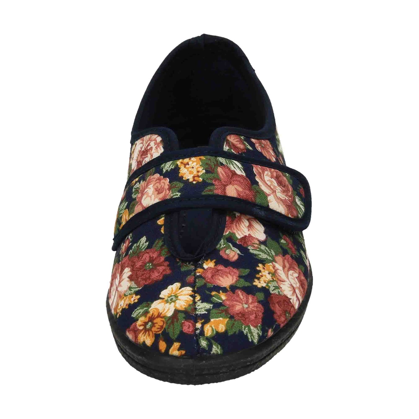 Wide Fit Washable Slippers V Opening Floral Touch Fasten Navy