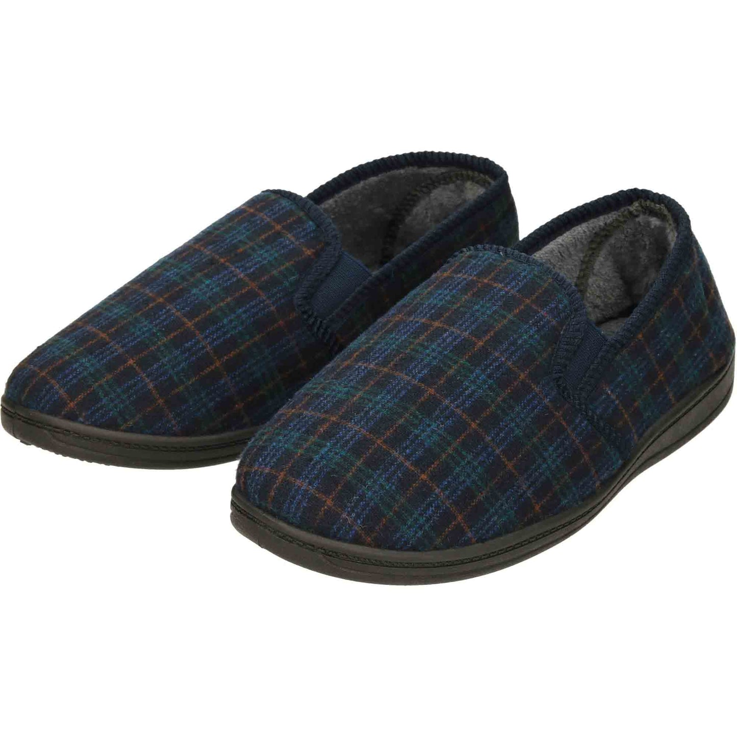 Navy Check Mens Slippers Wide Fit