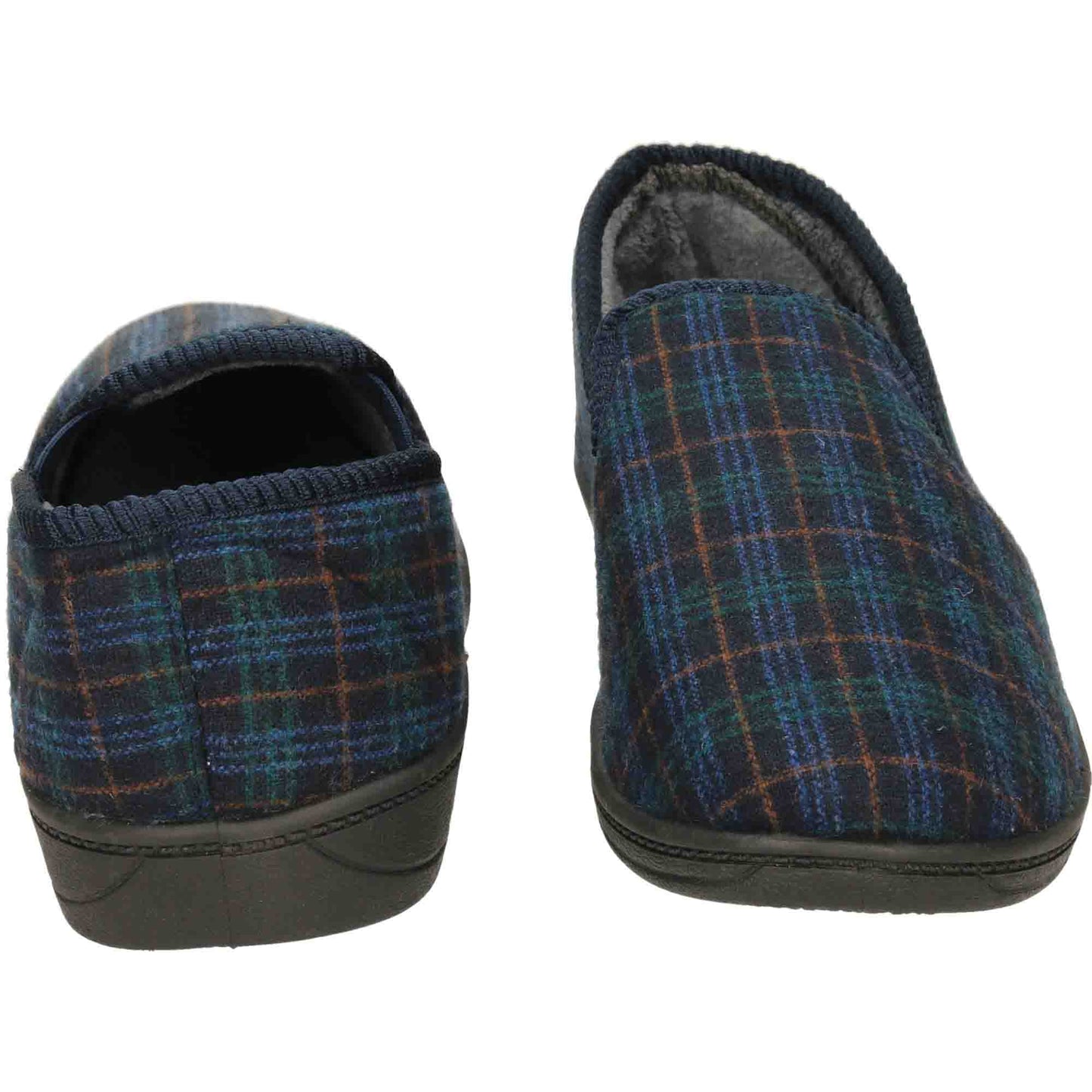 Navy Check Mens Slippers Wide Fit