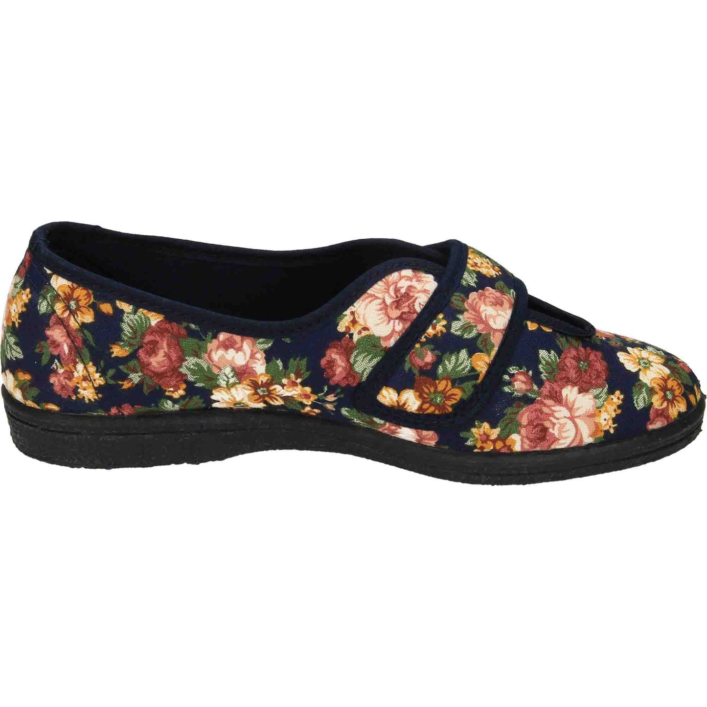 Wide Fit Washable Slippers V Opening Floral Touch Fasten Navy