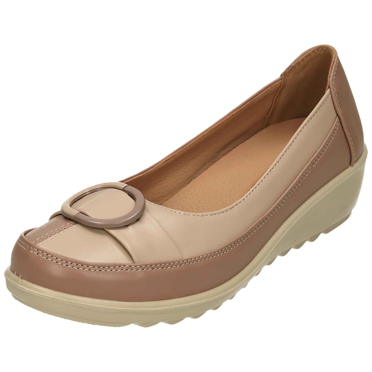 Wide Fit Low Wedge Heel Court Shoes Beige