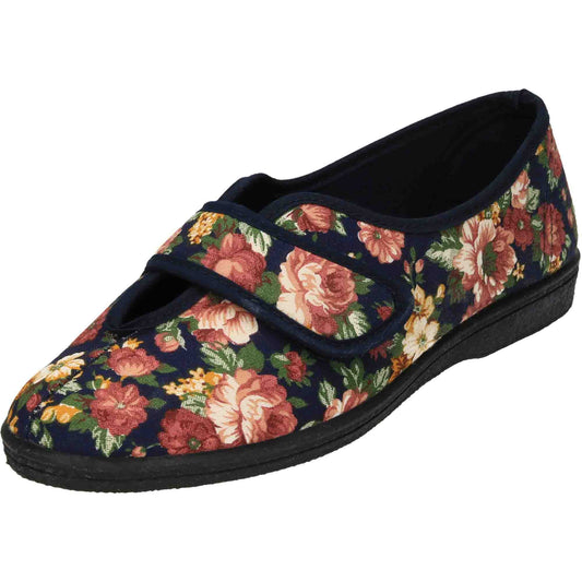 Wide Fit Washable Slippers V Opening Floral Touch Fasten Navy