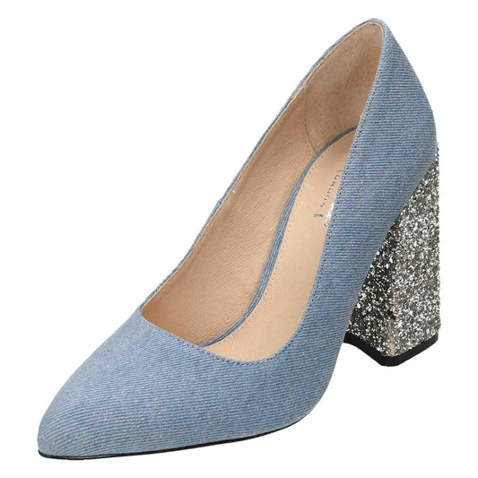 Ladies Blue Court Shoes High Heel Silver Glitter