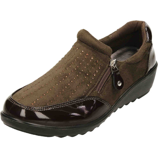 Brown Patent Wide Fit Low Wedge Heel Shoes