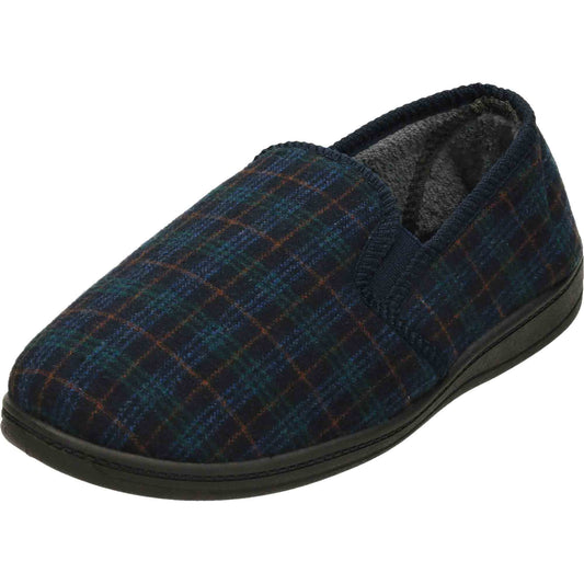Navy Check Mens Slippers Wide Fit