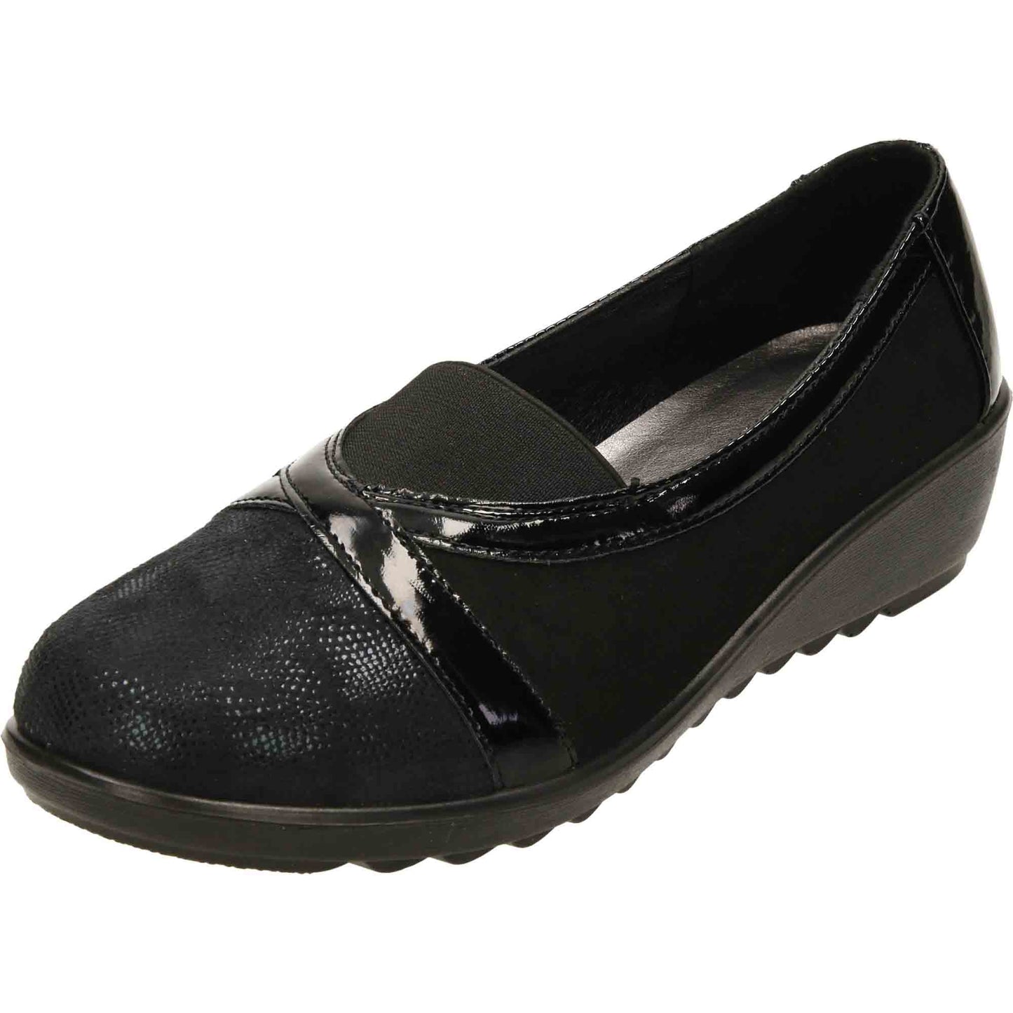 Black Patent Shoes Wide Fit Low Wedge Heel Slip On