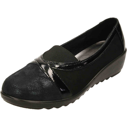 Black Patent Shoes Wide Fit Low Wedge Heel Slip On