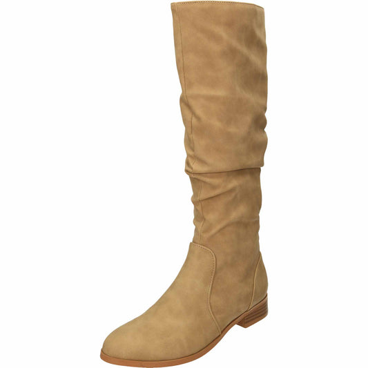 Taupe Ruched Knee High Flat Boot