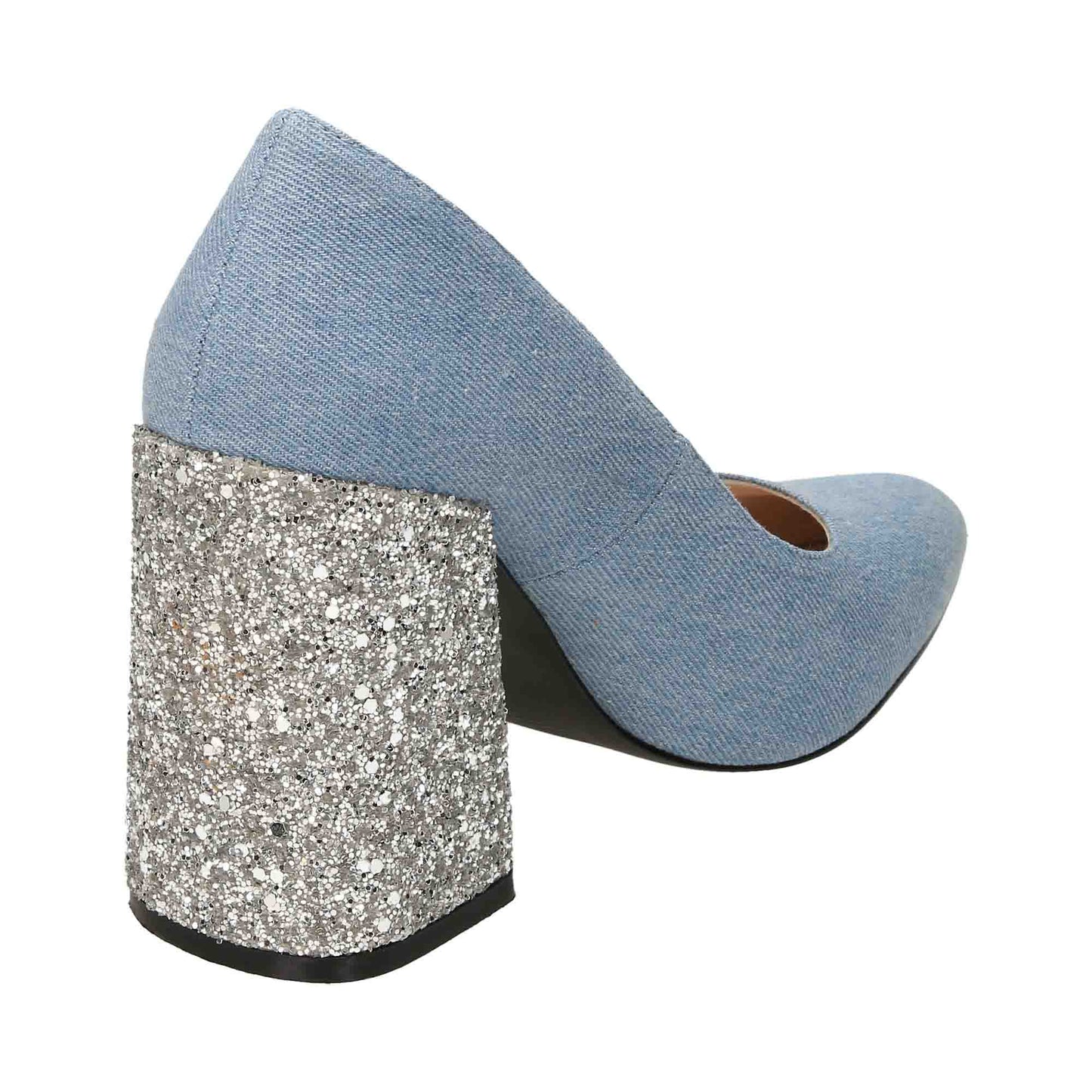Ladies Blue Court Shoes High Heel Silver Glitter