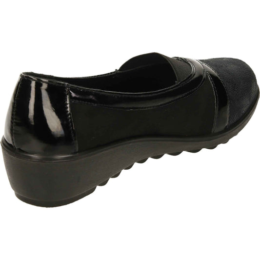 Black Patent Shoes Wide Fit Low Wedge Heel Slip On