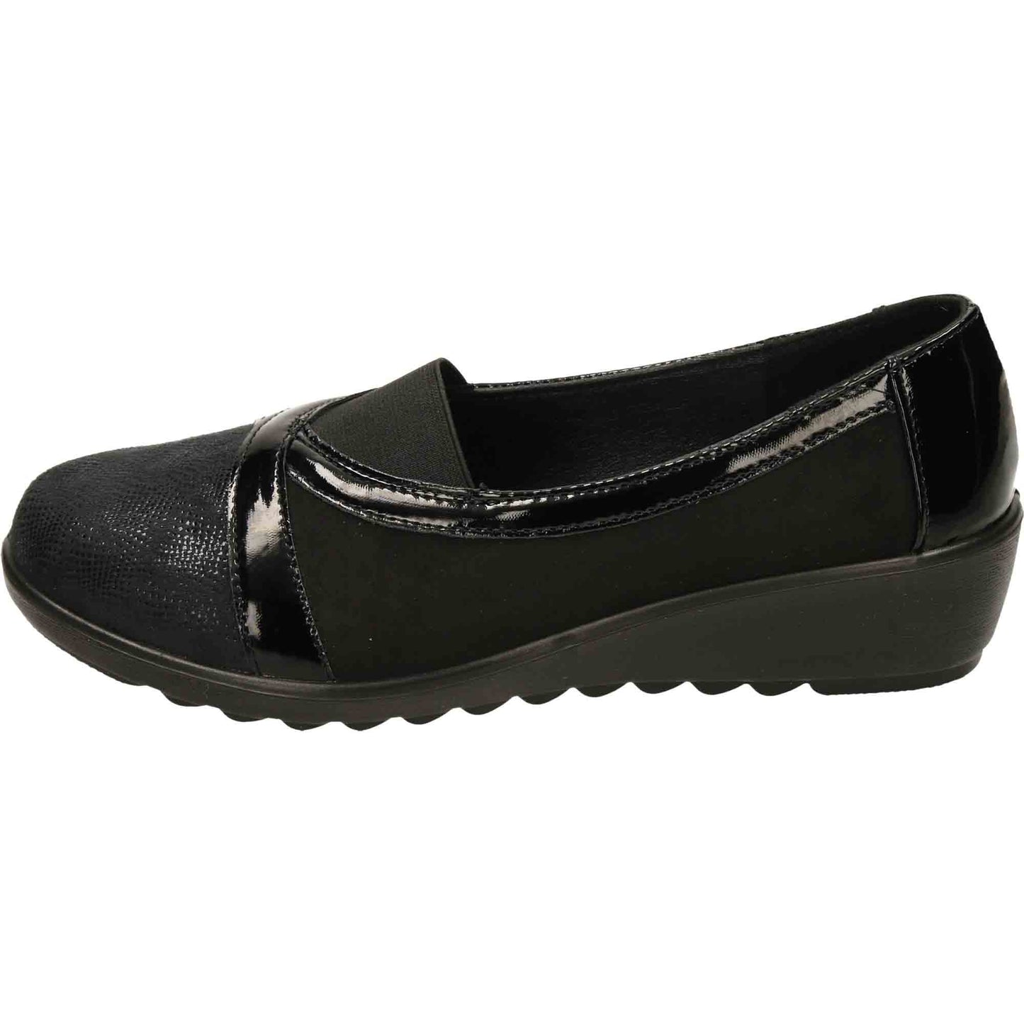 Black Patent Shoes Wide Fit Low Wedge Heel Slip On