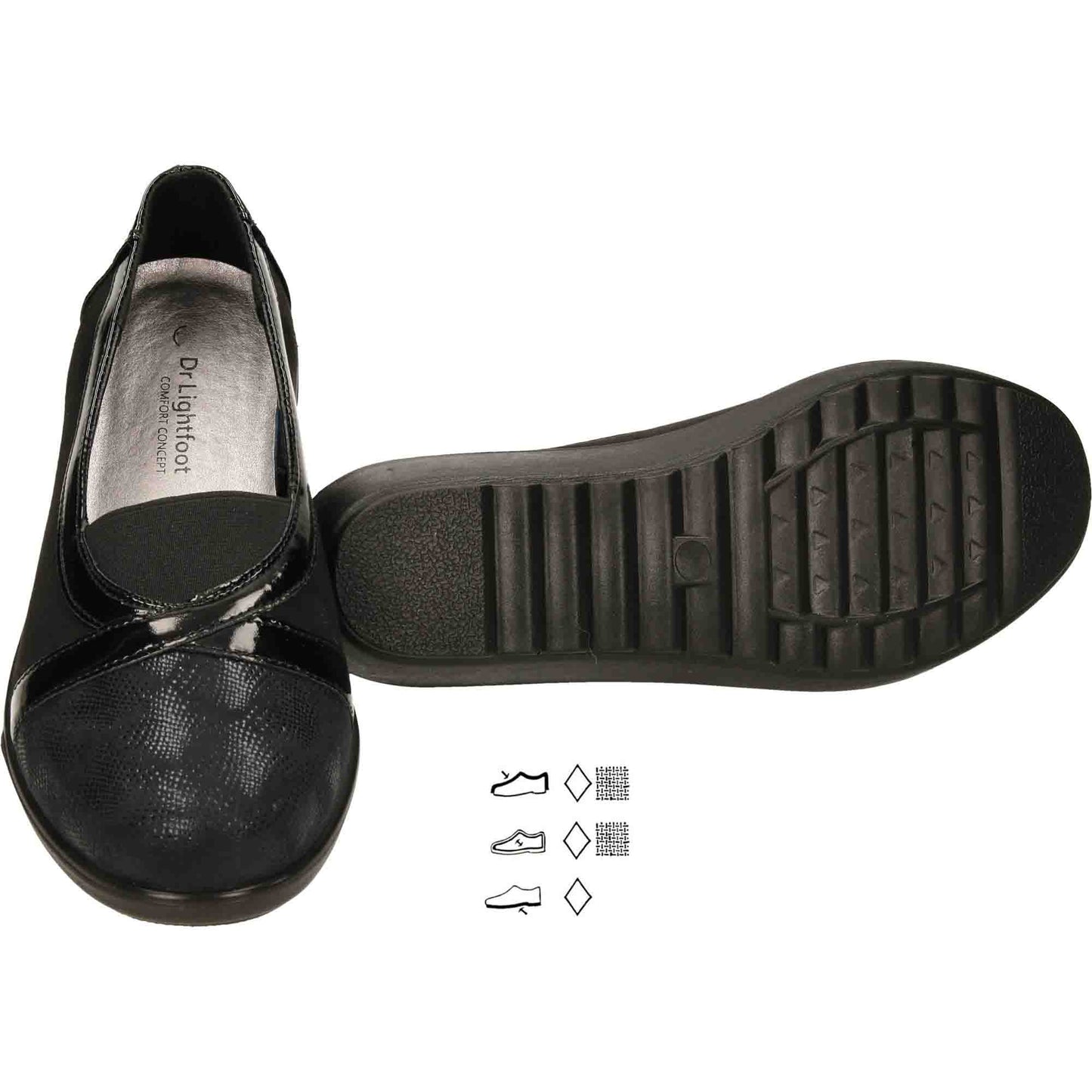 Black Patent Shoes Wide Fit Low Wedge Heel Slip On