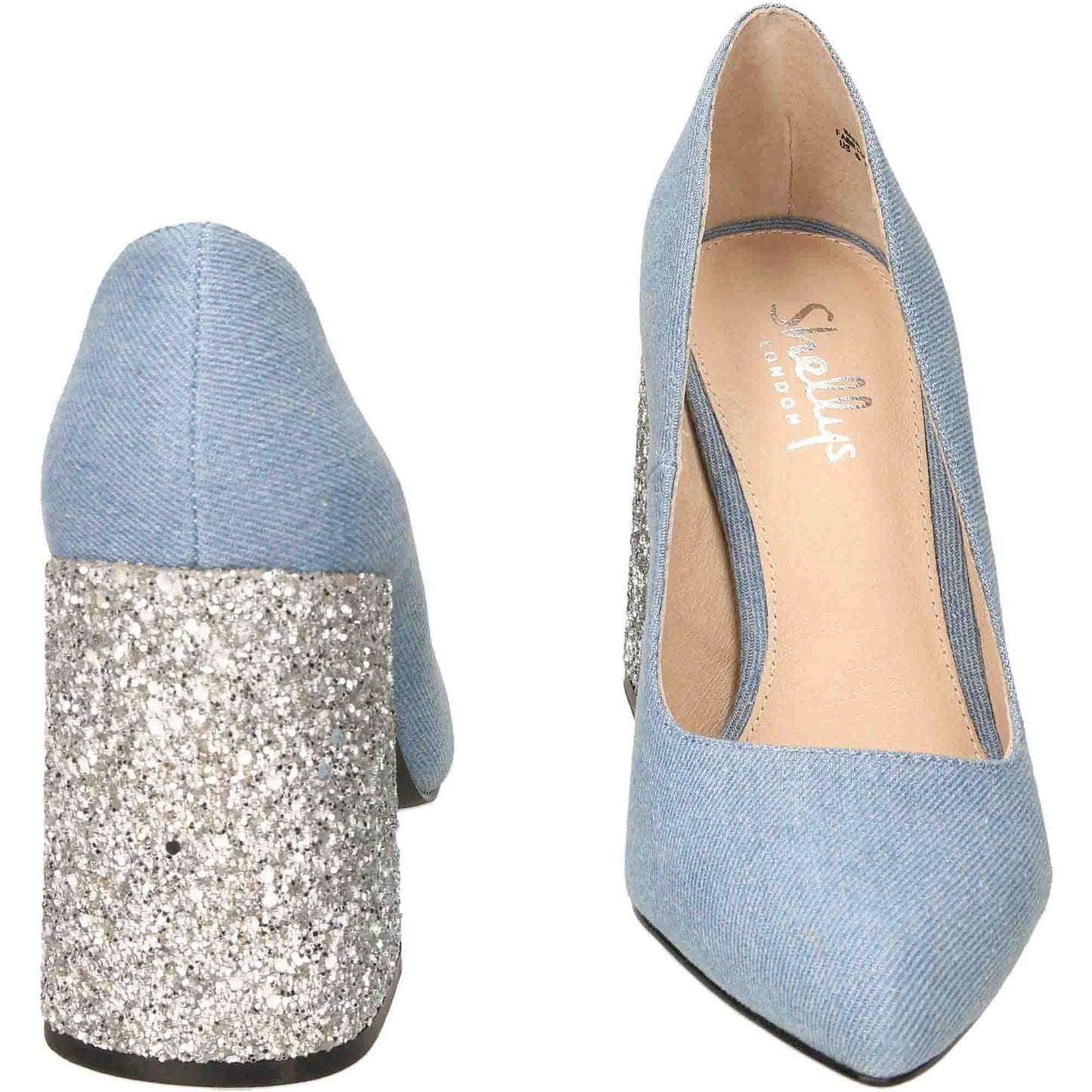 Ladies Blue Court Shoes High Heel Silver Glitter