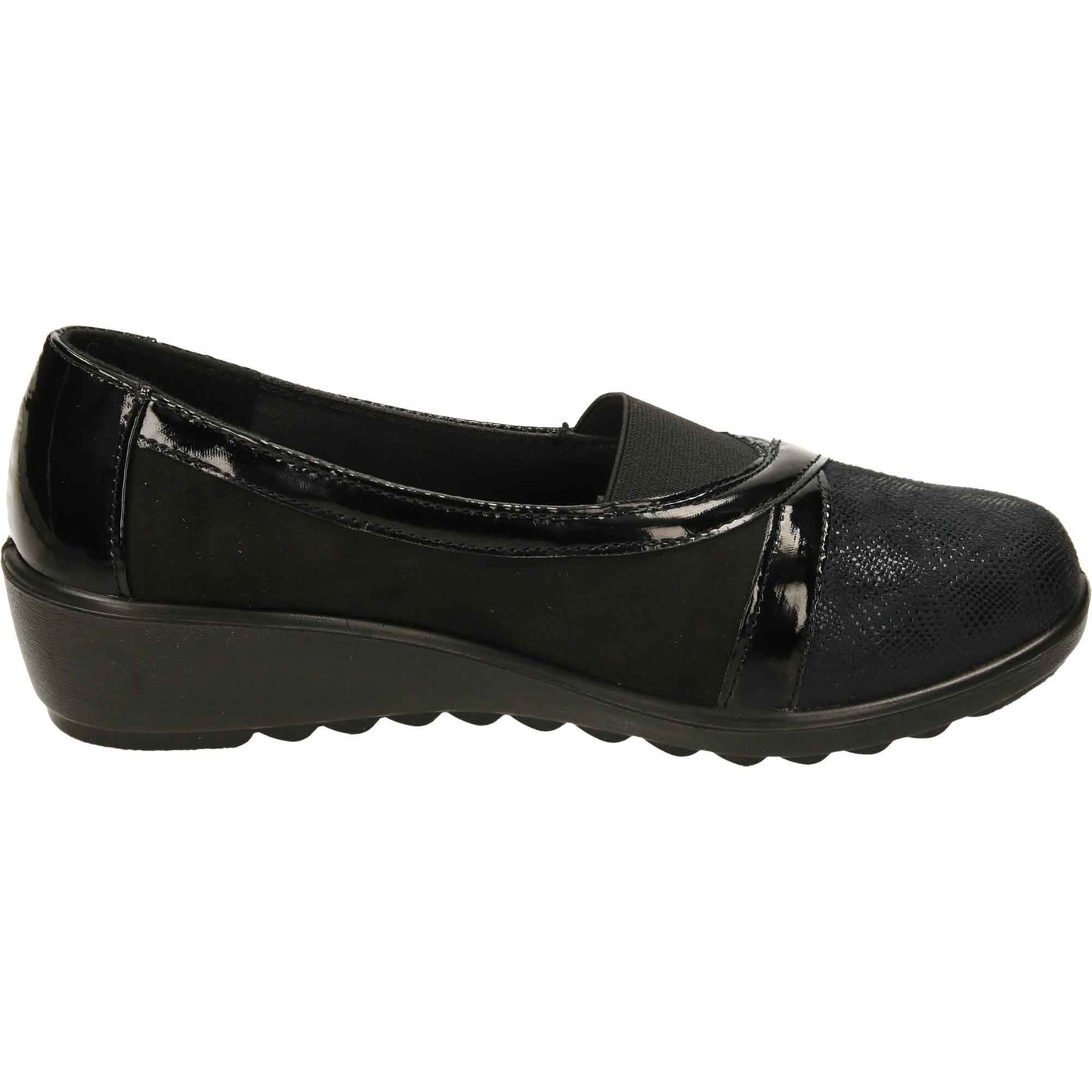 Black Patent Shoes Wide Fit Low Wedge Heel Slip On