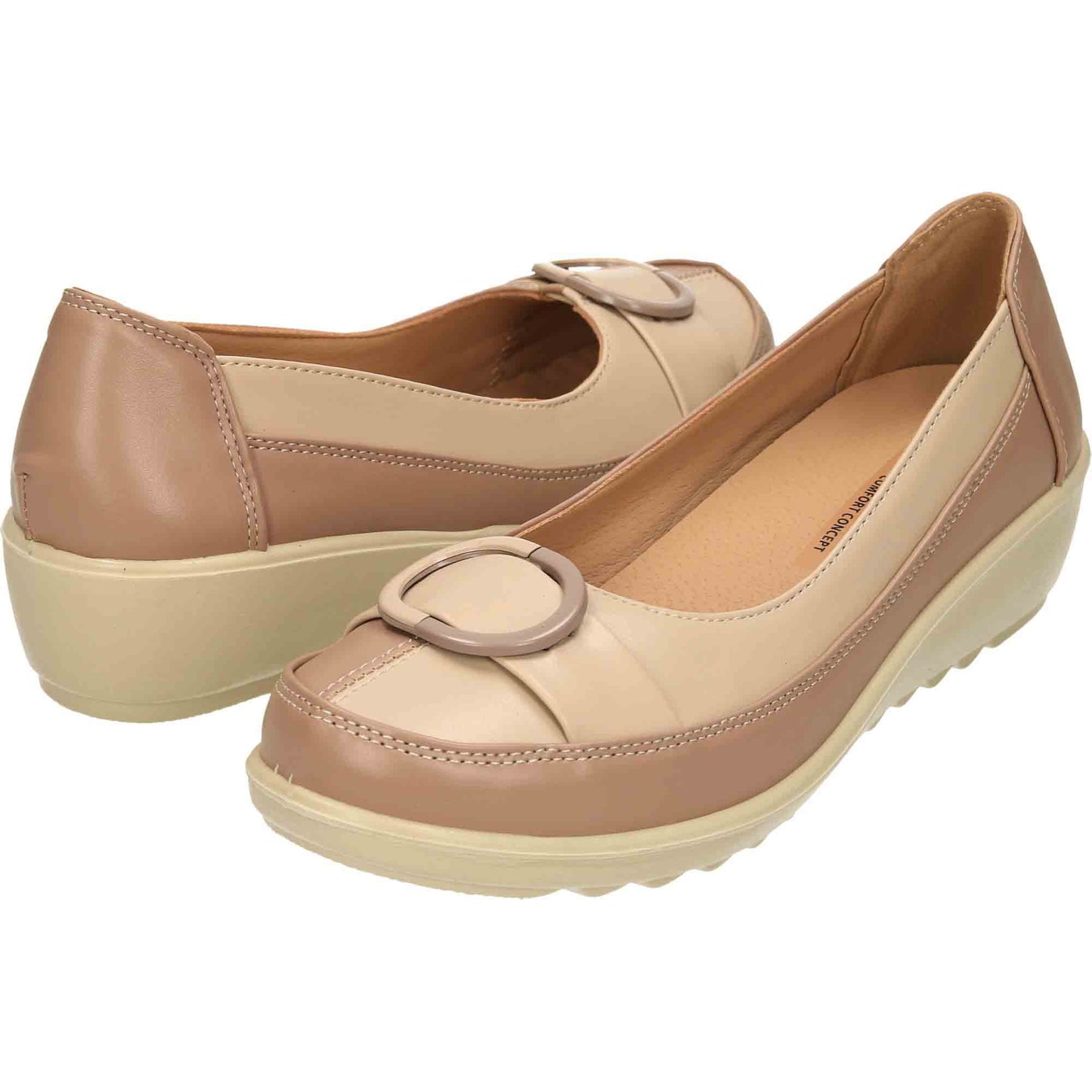 Wide Fit Low Wedge Heel Court Shoes Beige