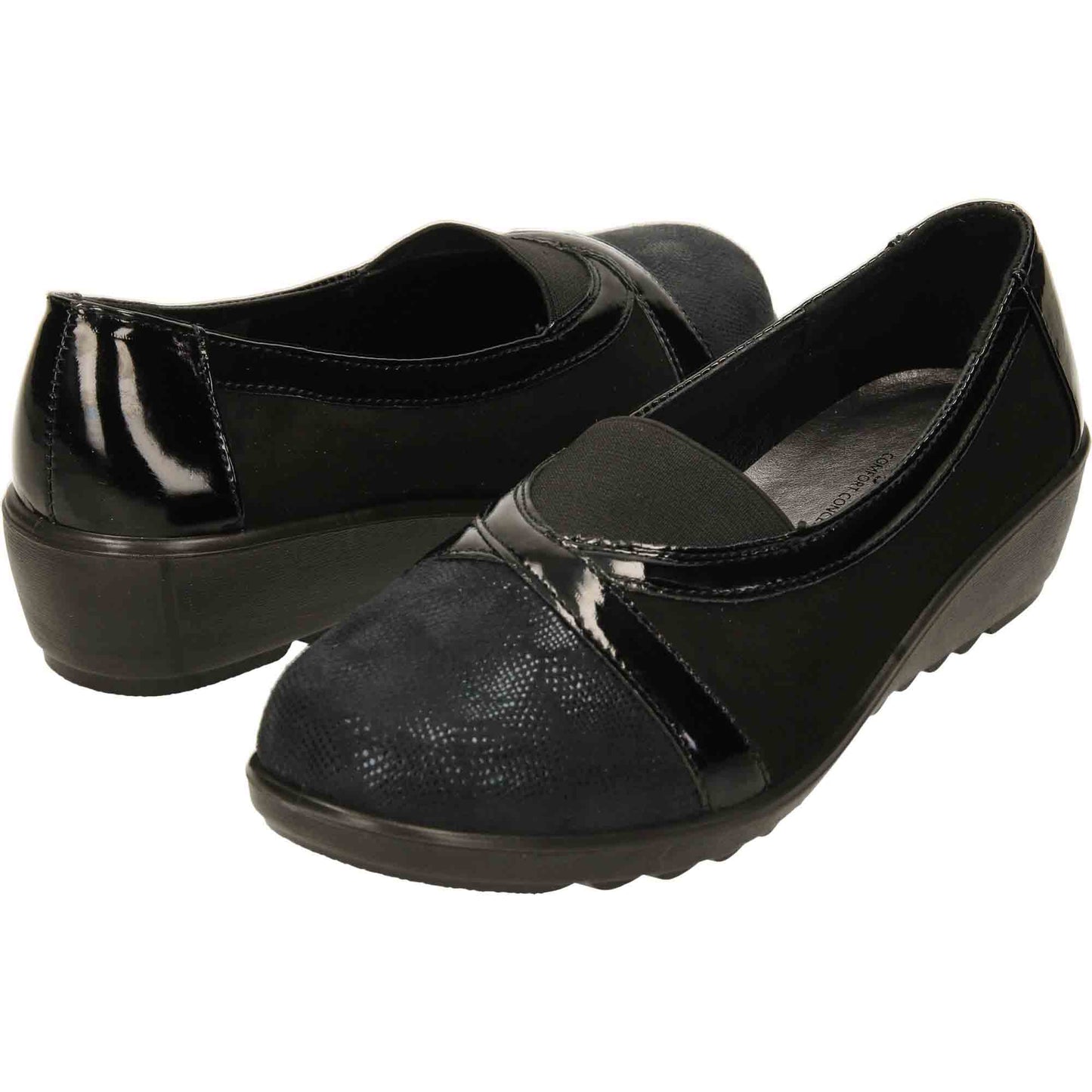 Black Patent Shoes Wide Fit Low Wedge Heel Slip On
