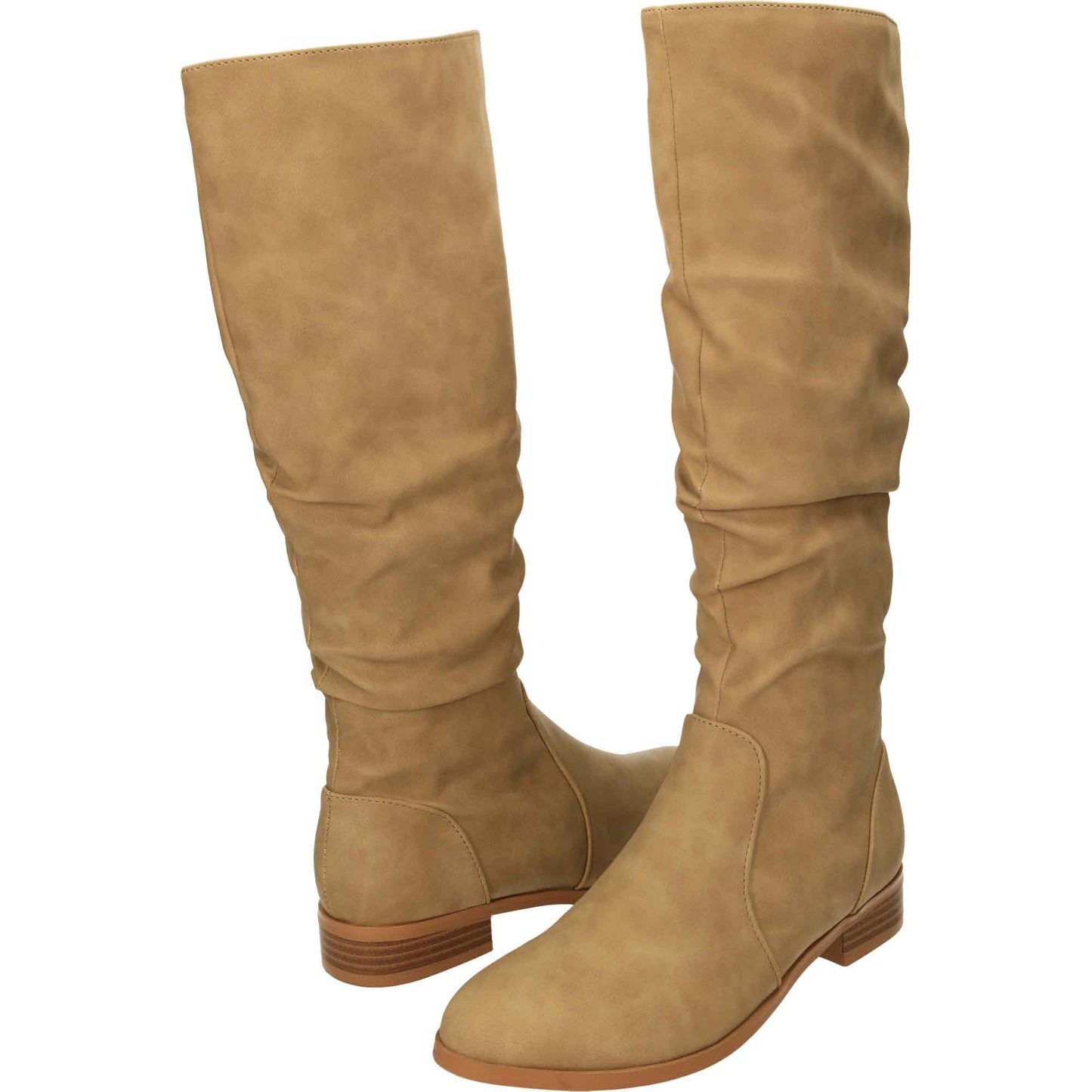 Taupe Ruched Knee High Flat Boot