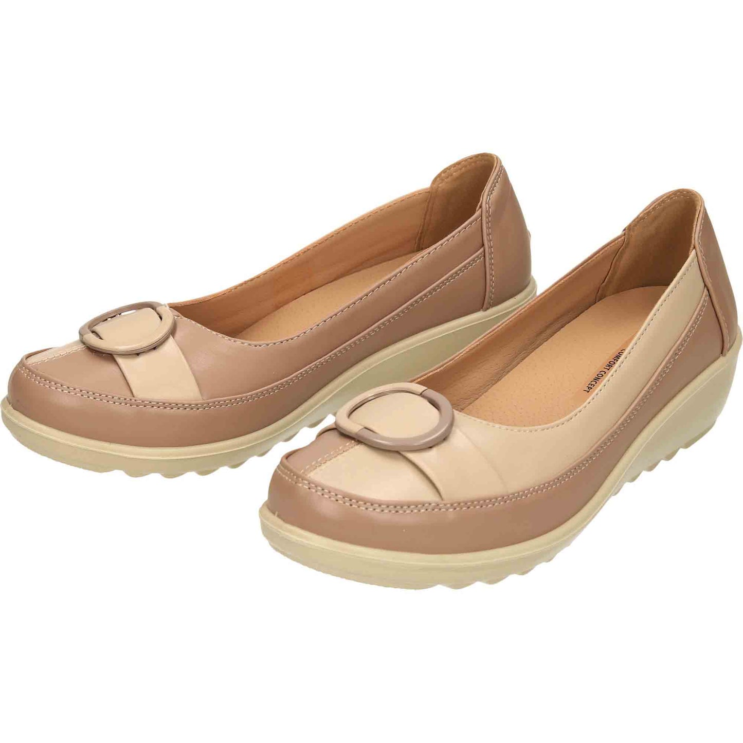 Wide Fit Low Wedge Heel Court Shoes Beige