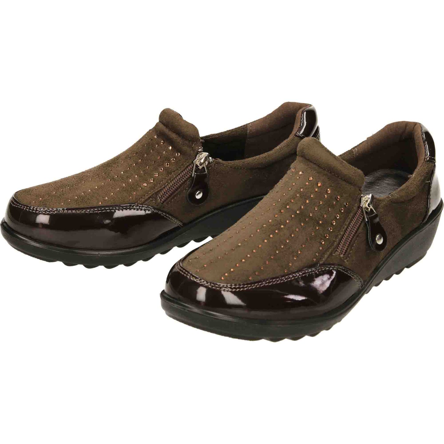 Brown Patent Wide Fit Low Wedge Heel Shoes