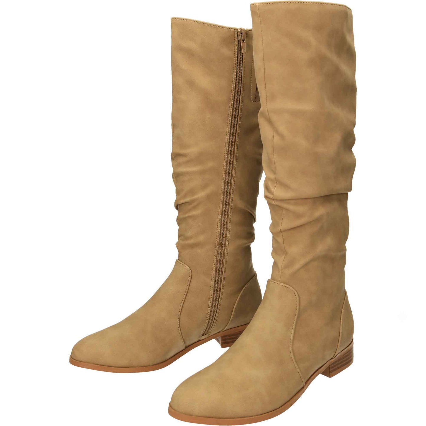 Taupe Ruched Knee High Flat Boot
