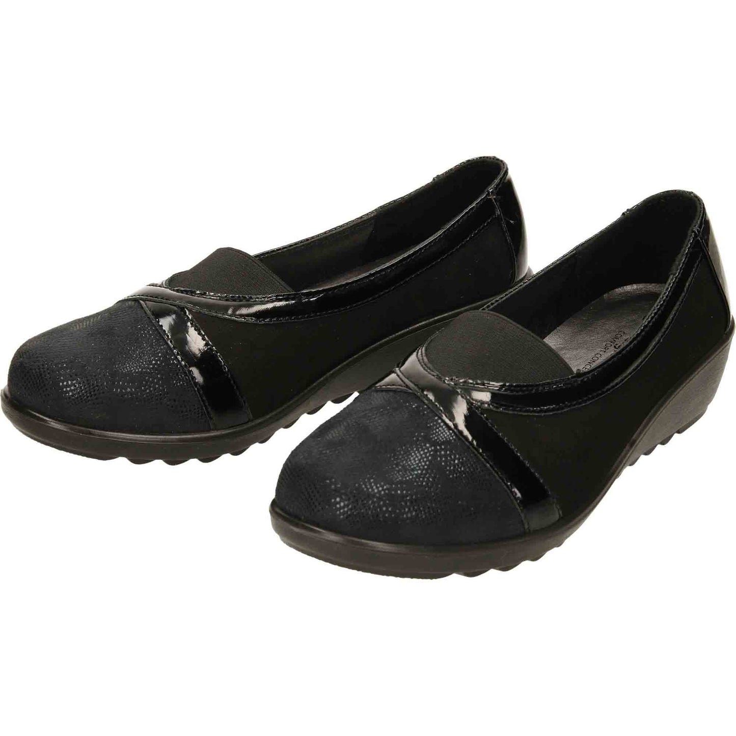 Black Patent Shoes Wide Fit Low Wedge Heel Slip On