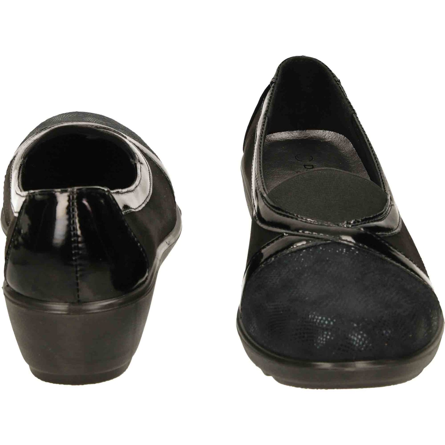 Black Patent Shoes Wide Fit Low Wedge Heel Slip On