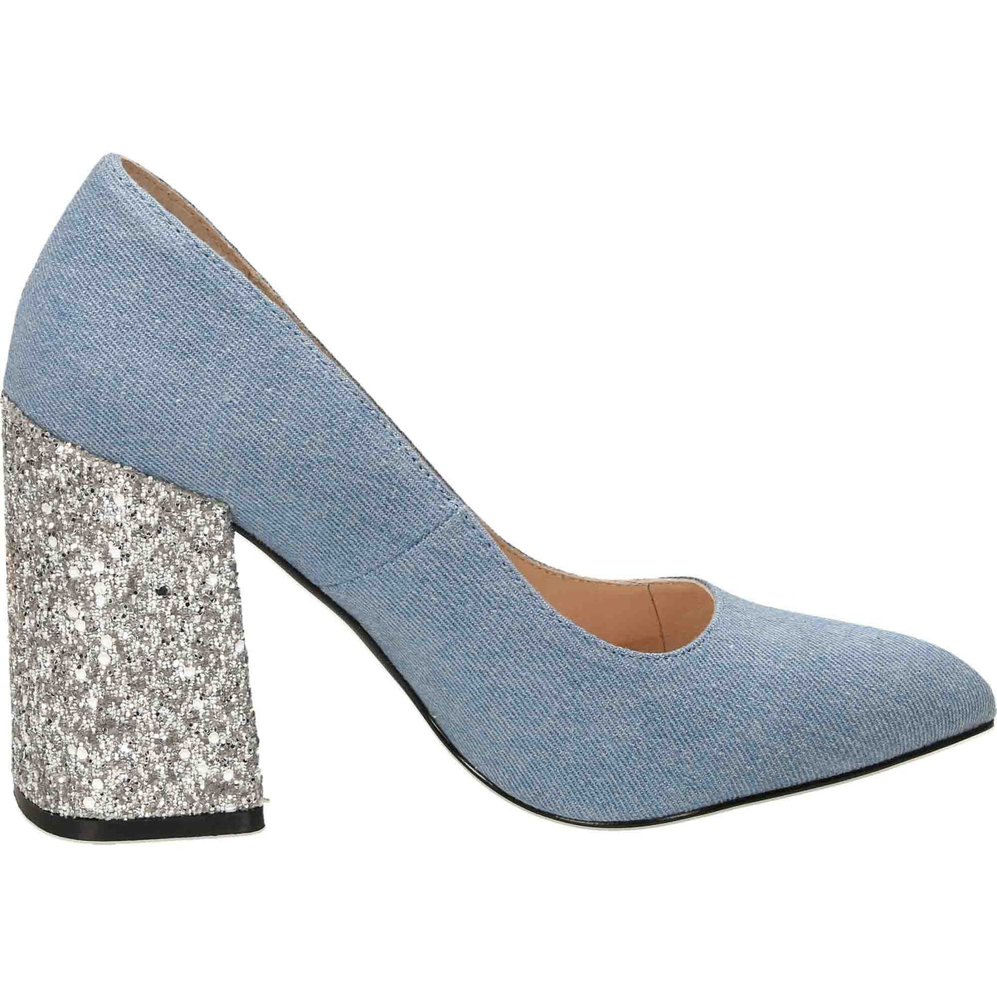 Ladies Blue Court Shoes High Heel Silver Glitter